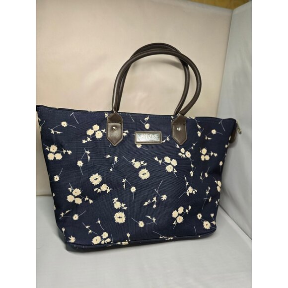 Chaps Navy Blue Floral Tote Bag With Brown Handles & Zipper Closure - Picture 15 of 16